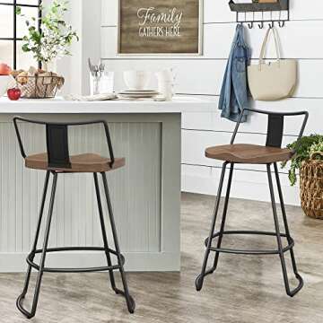 Yongqiang 24" Swivel Metal Bar Stools with Backs Set of 2 Industrial Kitchen Dining Bar Chairs with Wood Seat Matte Black