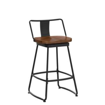 Yongqiang 24" Swivel Metal Bar Stools with Backs Set of 2 Industrial Kitchen Dining Bar Chairs with Wood Seat Matte Black