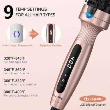 Terviiix Thermal Brush 1.5 Inch for Medium to Long Hair, Create Loose & Volume Curls, Ceramic Tourmaline Ionic Hot Brush Heated Curling Brush, Digital Display 9 Temperatures Up to 400℉, Dual Voltage