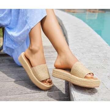 Monrovia Platform Sandals for Women Espadrille Sandals Wedge Sandals for Women Cute Beach Straw Raffia Sandals Comfortable Brown Sandals Vacation for Women Apricot Crochet Size 7.5