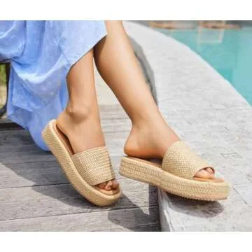 Monrovia Platform Sandals for Women Espadrille Sandals Wedge Sandals for Women Cute Beach Straw Raffia Sandals Comfortable Brown Sandals Vacation for Women Apricot Crochet Size 7.5