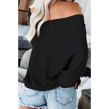 ReachMe Womens Oversized Off The Shoulder Tops Long Sleeve Waffle Knit Shirt Drop Shoulder Sweater T...