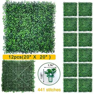 Grass Wall Panels 12Pcs 20 * 20" Artificial Hedge Boxwood Panels Green Greenery Wall Backdrop for Indoor Outdoor, Privacy Hedge Screen Wall Garden Fence Decor Patio Party Wedding