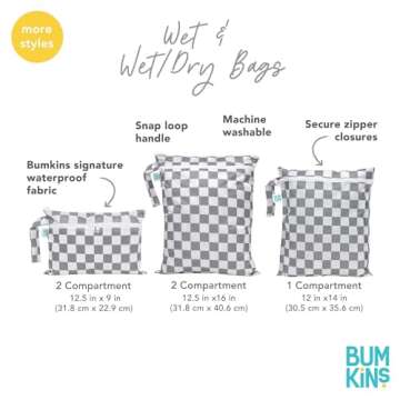 Bumkins Waterproof Wet Bag for Baby, Travel, Swim Suit, Cloth Diapers, Pump Parts, Pool, Gym Clothes, Toiletry, Strap to Stroller, Daycare, Zipper Reusable Bag, Wetdry Packing Pouch, Sand Check