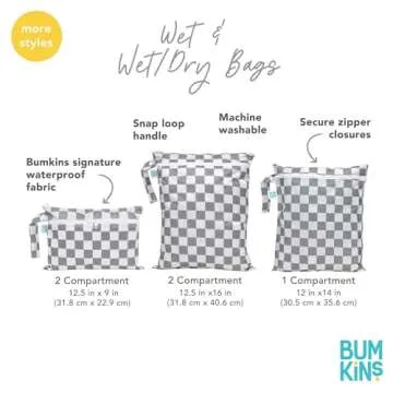 Bumkins Waterproof Wet Bag for Baby, Travel, Swim Suit, Cloth Diapers, Pump Parts, Pool, Gym Clothes, Toiletry, Strap to Stroller, Daycare, Zipper Reusable Bag, Wetdry Packing Pouch, Sand Check