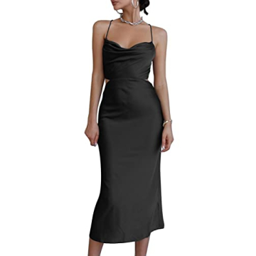 LYANER Women's Satin Cowl Neck Cut Out Cocktail Midi Dress