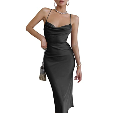 LYANER Women's Satin Cowl Neck Cut Out Cocktail Midi Dress