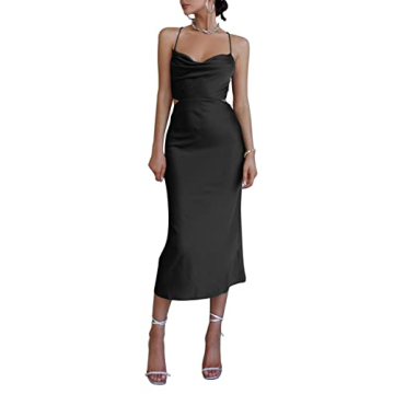 LYANER Women's Satin Cowl Neck Cut Out Cocktail Midi Dress