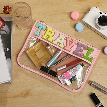 Stylish DYSHAYEN Chenille Letter Clear Zipper Pouch for Travel