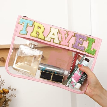 Stylish DYSHAYEN Chenille Letter Clear Zipper Pouch for Travel