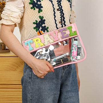 Stylish DYSHAYEN Chenille Letter Clear Zipper Pouch for Travel