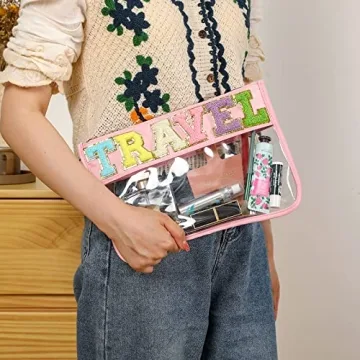 Stylish DYSHAYEN Chenille Letter Clear Zipper Pouch for Travel