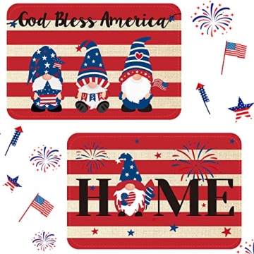2 Pcs 4th of July Doormat Patriotic Rugs Non Slip God Bless America Gnomes Doormat Strip Red White a...