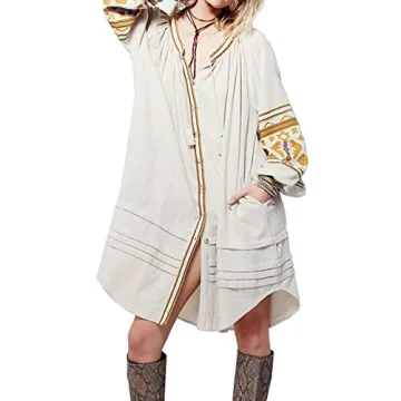 R.Vivimos Womens Autumn Long Sleeve Embroidery Oversized Single Breasted Button Up Dresses with Pockets