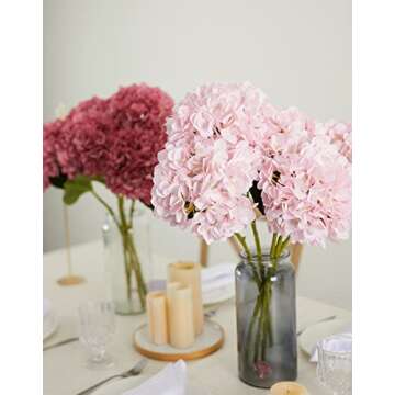 PARTY JOY 5PCS 15.4In Artificial Hydrangea Silk Flowers Bouquet Faux Hydrangea Stems for Wedding Centerpieces Home Decor (Light Pink)