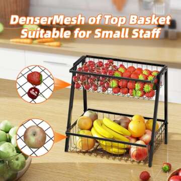 Simple Trending 2 Tier Fruit Basket Metal Wire with 4 Banana Hooks, Countertop Fruit Vegetable Baske...