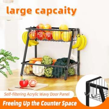 Simple Trending 2 Tier Fruit Basket Metal Wire with 4 Banana Hooks, Countertop Fruit Vegetable Basket Kitchen Organizer for Bread Snack Veggies Produce, Black