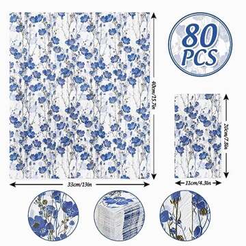 AnyDesign 80 Pack Blue Floral Guest Napkins Disposable Watercolor Blue White Flowers Paper Napkins D...