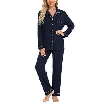 Senert Women's Long Sleeve Sleepwear Button Down Cotton 2 Piece Pajama Set Navy Blue X-Large