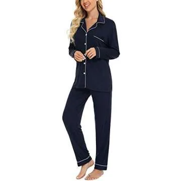 Senert Women's Long Sleeve Sleepwear Button Down Cotton 2 Piece Pajama Set Navy Blue X-Large