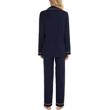 Senert Women's Long Sleeve Sleepwear Button Down Cotton 2 Piece Pajama Set Navy Blue X-Large