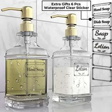 GLADPURE Soap Dispenser - 2 Pack, 18 Oz Antique Design Thick Glass Hand Soap Dispensers; with 304 Rust Proof Stainless Steel Pump, 6Pcs Clear Stickers, for Kitchen, Bathroom - Gold