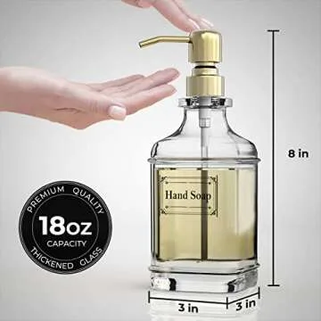 GLADPURE Soap Dispenser - 2 Pack, 18 Oz Antique Design Thick Glass Hand Soap Dispensers; with 304 Rust Proof Stainless Steel Pump, 6Pcs Clear Stickers, for Kitchen, Bathroom - Gold