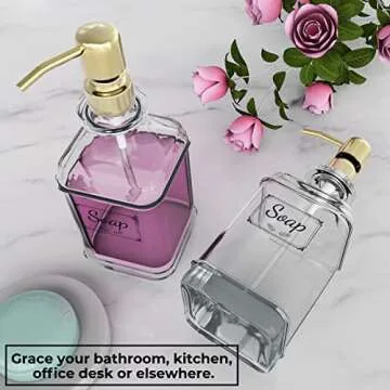 GLADPURE Soap Dispenser - 2 Pack, 18 Oz Antique Design Thick Glass Hand Soap Dispensers; with 304 Rust Proof Stainless Steel Pump, 6Pcs Clear Stickers, for Kitchen, Bathroom - Gold