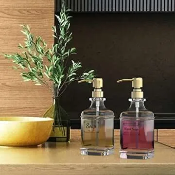 GLADPURE Soap Dispenser - 2 Pack, 18 Oz Antique Design Thick Glass Hand Soap Dispensers; with 304 Rust Proof Stainless Steel Pump, 6Pcs Clear Stickers, for Kitchen, Bathroom - Gold