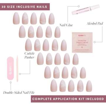 Glamnetic Press On Nails - Snowdrift | Opaque Gradient Ombre & Snowflake Graphic Short Almond False Nails, Reusable Stick On Fake Nails with Glue | Salon Quality | 15 Sizes - 30 Nail Kit