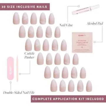 Glamnetic Press On Nails - Snowdrift | Opaque Gradient Ombre & Snowflake Graphic Short Almond False Nails, Reusable Stick On Fake Nails with Glue | Salon Quality | 15 Sizes - 30 Nail Kit