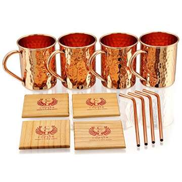 Gift Set Pure Copper Hammered Mugs with Copper Straws & Wooden Coasters Set of 4 - PREMIUM QUALITY -...