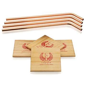 Gift Set Pure Copper Hammered Mugs with Copper Straws & Wooden Coasters Set of 4 - PREMIUM QUALITY -16 Oz Copper Mug - 100% Handcrafted - A Gift Pack for your loved Ones.