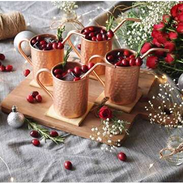 Gift Set Pure Copper Hammered Mugs with Copper Straws & Wooden Coasters Set of 4 - PREMIUM QUALITY -16 Oz Copper Mug - 100% Handcrafted - A Gift Pack for your loved Ones.