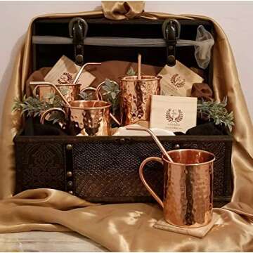 Gift Set Pure Copper Hammered Mugs with Copper Straws & Wooden Coasters Set of 4 - PREMIUM QUALITY -16 Oz Copper Mug - 100% Handcrafted - A Gift Pack for your loved Ones.