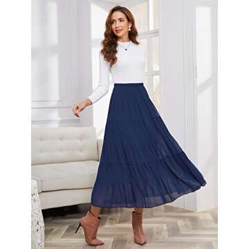 NASHALYLY Women's Chiffon Elastic High Waist Pleated A-Line Flared Maxi Skirts(Blue,L)