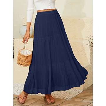 NASHALYLY Women's Chiffon Elastic High Waist Pleated A-Line Flared Maxi Skirts(Blue,L)
