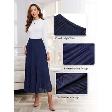 NASHALYLY Women's Chiffon Elastic High Waist Pleated A-Line Flared Maxi Skirts(Blue,L)