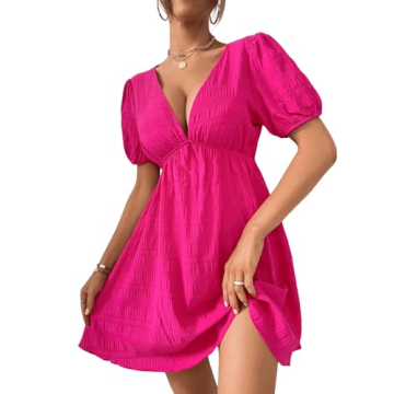 WDIRARA Women's Hot Pink Puff Sleeve Mini Swing Dress