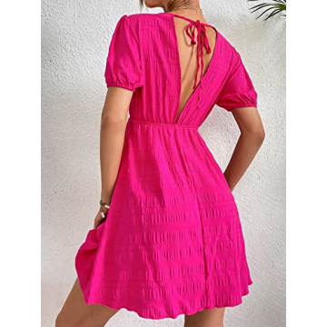 WDIRARA Women's Hot Pink Puff Sleeve Mini Swing Dress