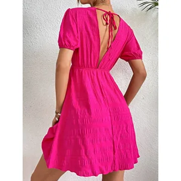 WDIRARA Women's Hot Pink Puff Sleeve Mini Swing Dress
