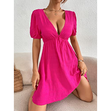 WDIRARA Women's Hot Pink Puff Sleeve Mini Swing Dress
