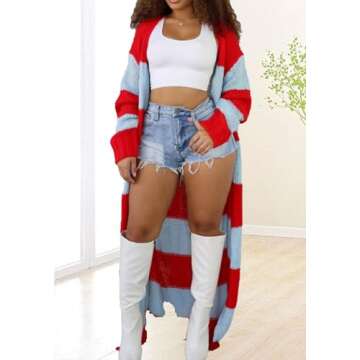 LETSVDO Women's Color Block Long Cardigan Sweater