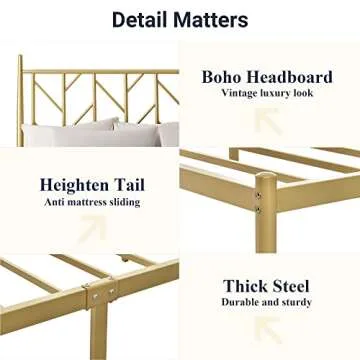 Allewie Queen Size Platform Bed Frame with Vintage Headboard, 14 Inches Metal Mattress Foundation for Storage, No Box Spring Needed, Easy Assembly, Modern, Gold