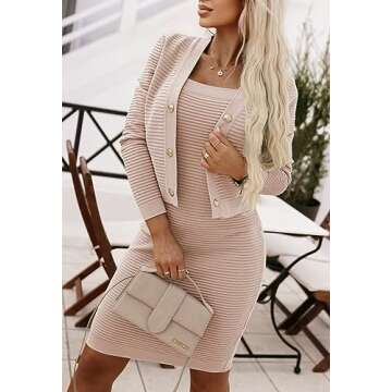 HUUSA 2 Piece Ribbed Knit Formal Sweater Dress Outfit for Women Sleeveless Bodycon Pencil Dress Long Sleeve Chunky Button Down Crop Sweater Cardigans Dusty Pink XL