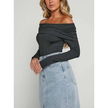 AGECODE Women's Sexy Off The Shoulder Ruched Layer Long Sleeve Bodysuit Tops Shirts Black Small