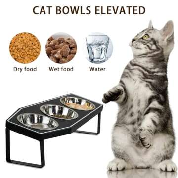 Gothic Cat Food Bowls Elevated, Raised Cat Bowls for Indoor, Non-Slip Stand & Wood Board, Stainless Steel and Whisker Friendly Food Bowls (Cat Bowl*3)