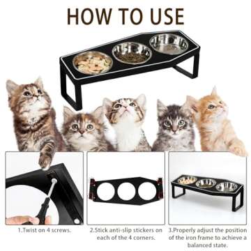 Gothic Cat Food Bowls Elevated, Raised Cat Bowls for Indoor, Non-Slip Stand & Wood Board, Stainless Steel and Whisker Friendly Food Bowls (Cat Bowl*3)