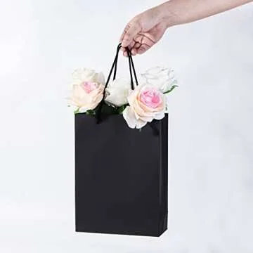 Katfort Black Gift Bags 24pcs, Medium Size Black Gift Bag Bulk 7.5''×3.1''×10.2'', Matte Paper Bags with Handles, Black Kraft Bag for Gift, Party, Retail