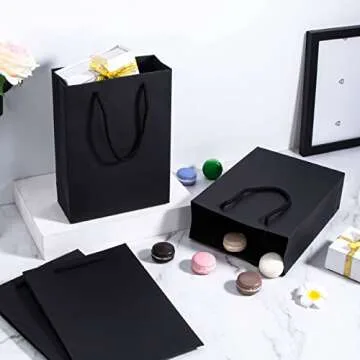 Katfort Black Gift Bags 24pcs, Medium Size Black Gift Bag Bulk 7.5''×3.1''×10.2'', Matte Paper Bags with Handles, Black Kraft Bag for Gift, Party, Retail